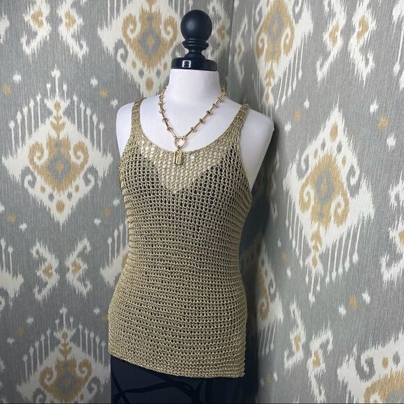 Ralph Lauren Gold Lame Open Hand Knit Mesh Sleeveless Scoop-neck Tank Sweater - Picture 13 of 16